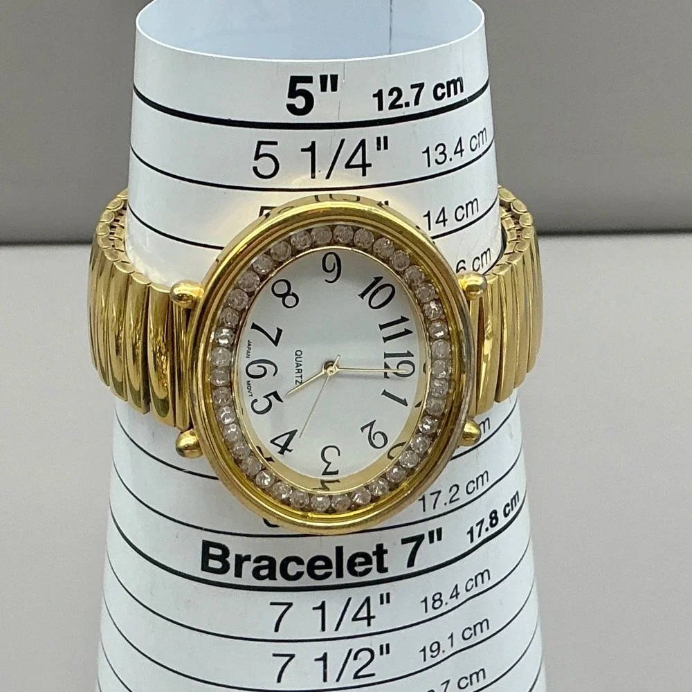 Avon Watch Women's Gold Tone Rhinestone Oval Expansion Band 36mm NEW BATTERY